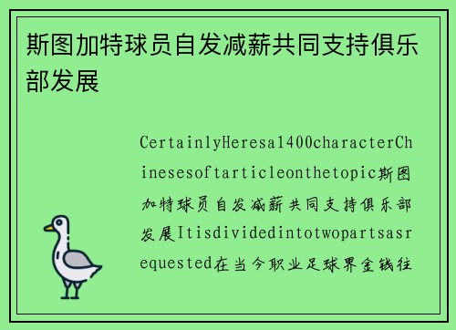 斯图加特球员自发减薪共同支持俱乐部发展