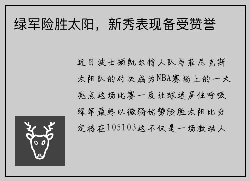 绿军险胜太阳，新秀表现备受赞誉